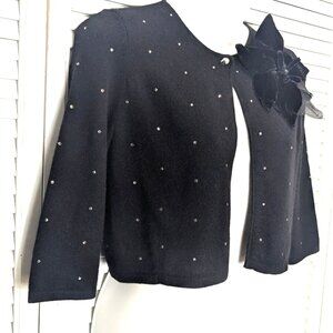 VTG 100% Cashmere Black Sweater Shrug Cropped Crystals Rosette Dana Buchman SML
